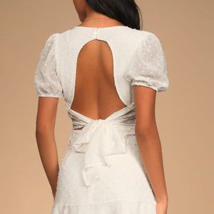 White Swiss Dot Ruffled Tie-Back Mini Dress